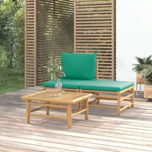 3 Piece Patio Lounge Set with Green Cushions Bamboo