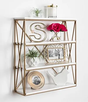 4-Layer Modern Luxe Wooden Wall Shelves with Matte Gold Metal Frame and High-Shine