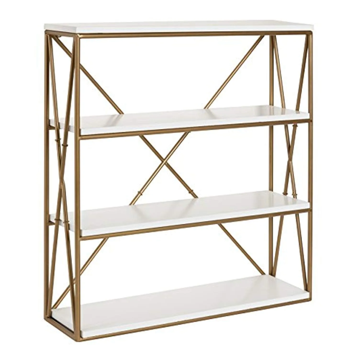 4-Layer Modern Luxe Wooden Wall Shelves with Matte Gold Metal Frame and High-Shine