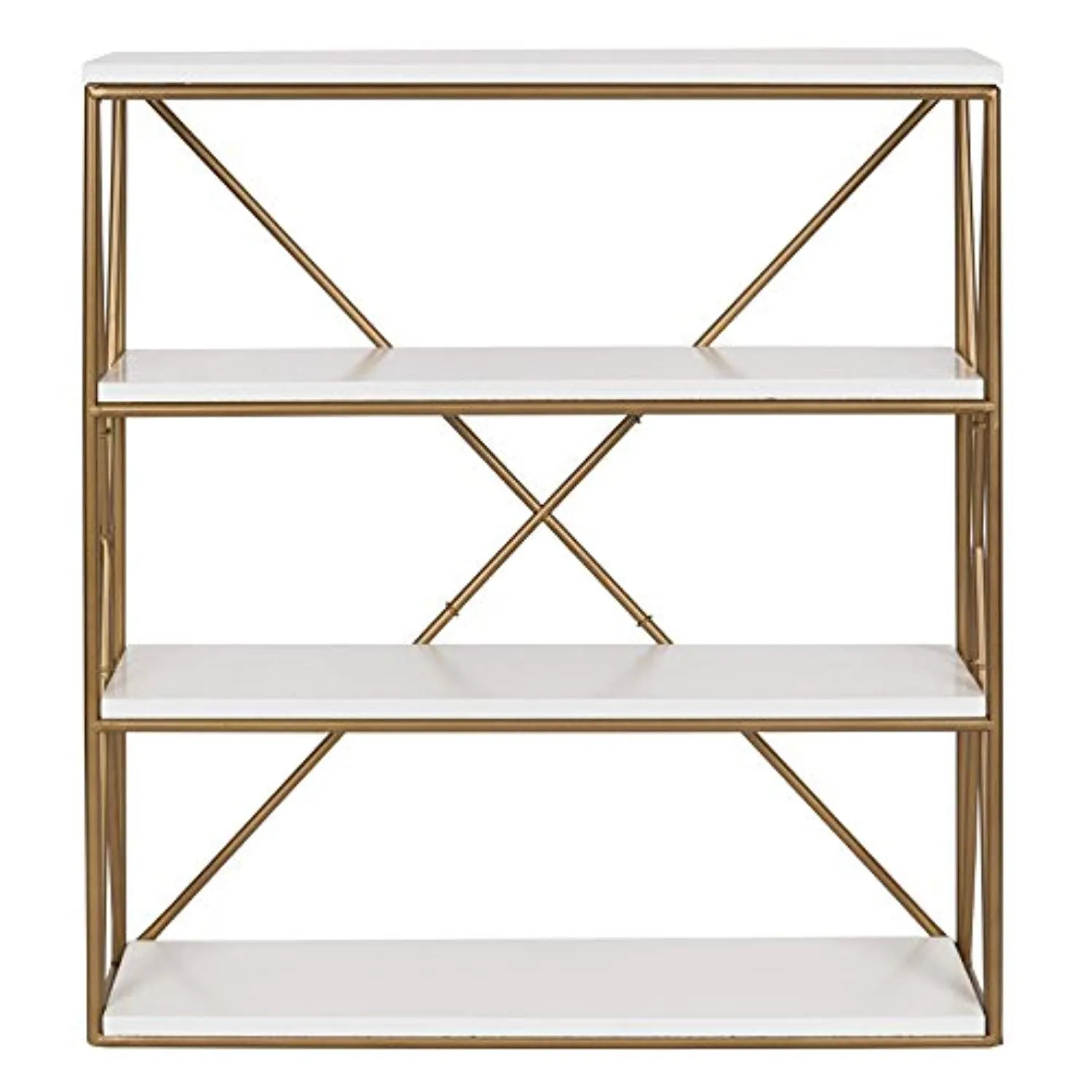 4-Layer Modern Luxe Wooden Wall Shelves with Matte Gold Metal Frame and High-Shine