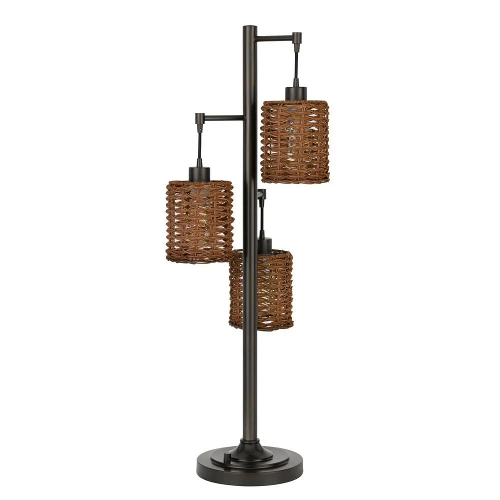 40W X3 Connell Metal Table Lamp With Rattan Shades With A Base 3 Way Rotary Switch (Edison Bulbs Included), Dark Bronze By Cal Lighting