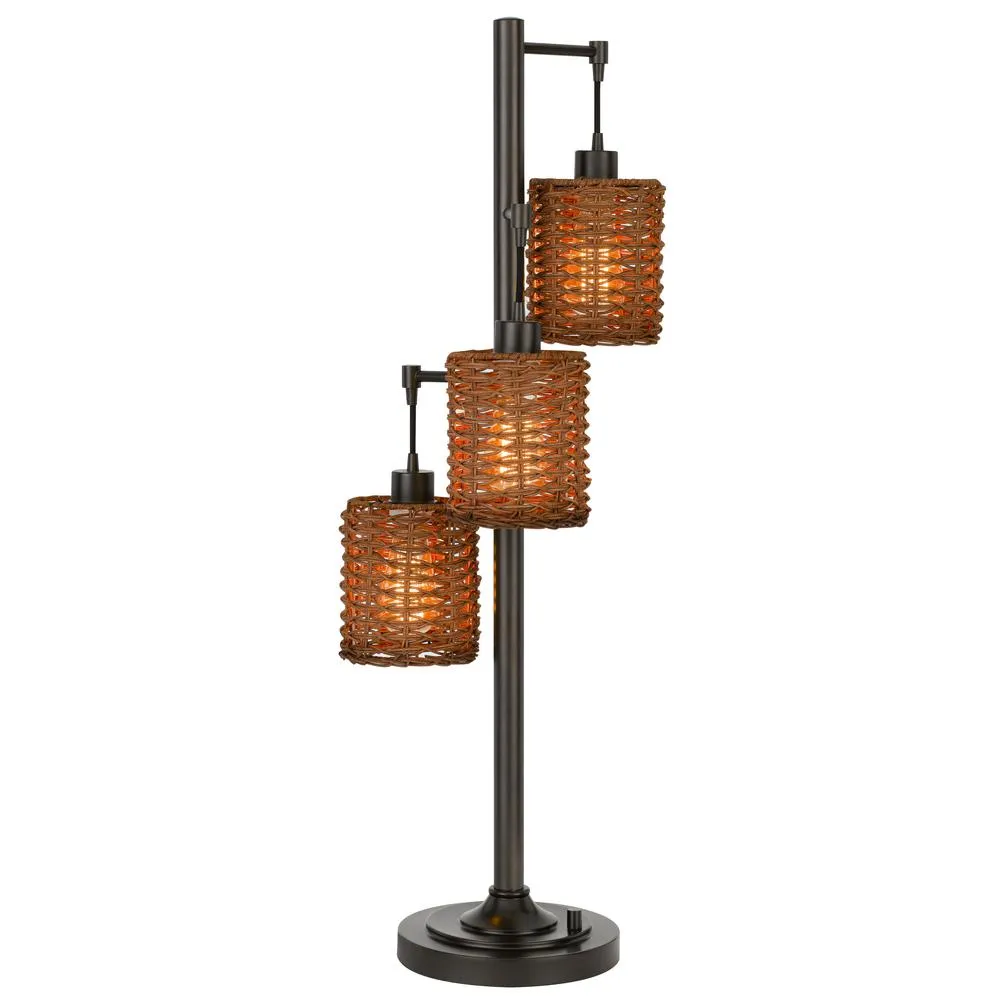 40W X3 Connell Metal Table Lamp With Rattan Shades With A Base 3 Way Rotary Switch (Edison Bulbs Included), Dark Bronze By Cal Lighting