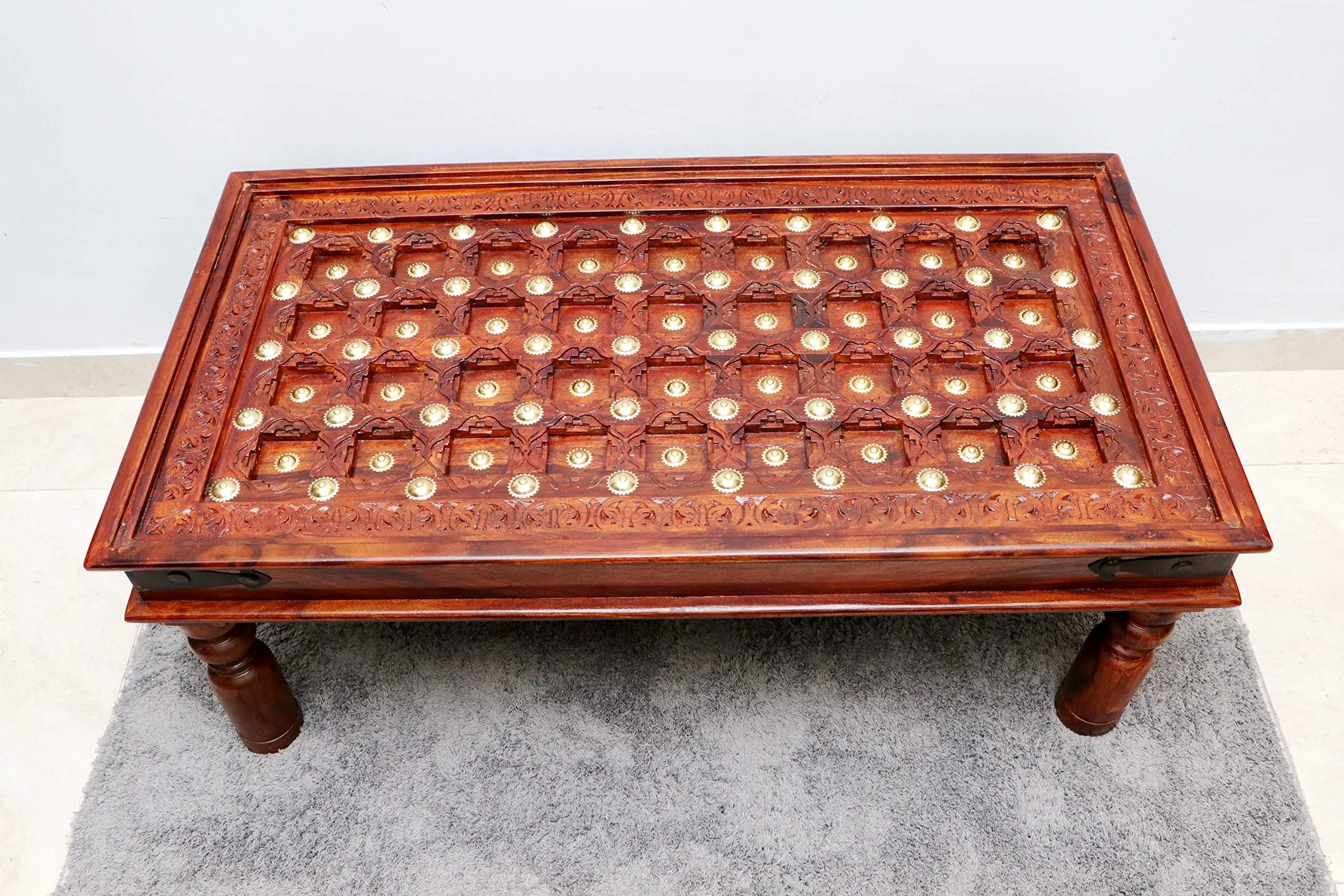 advika handicraft Antique Mor Bakhra Design Sheesham (Rosewood) Solid Wood Table | Coffee Table | Garden and Outdoor Table |Decorative| Living Room|Natural Brown(110X60X45) cm