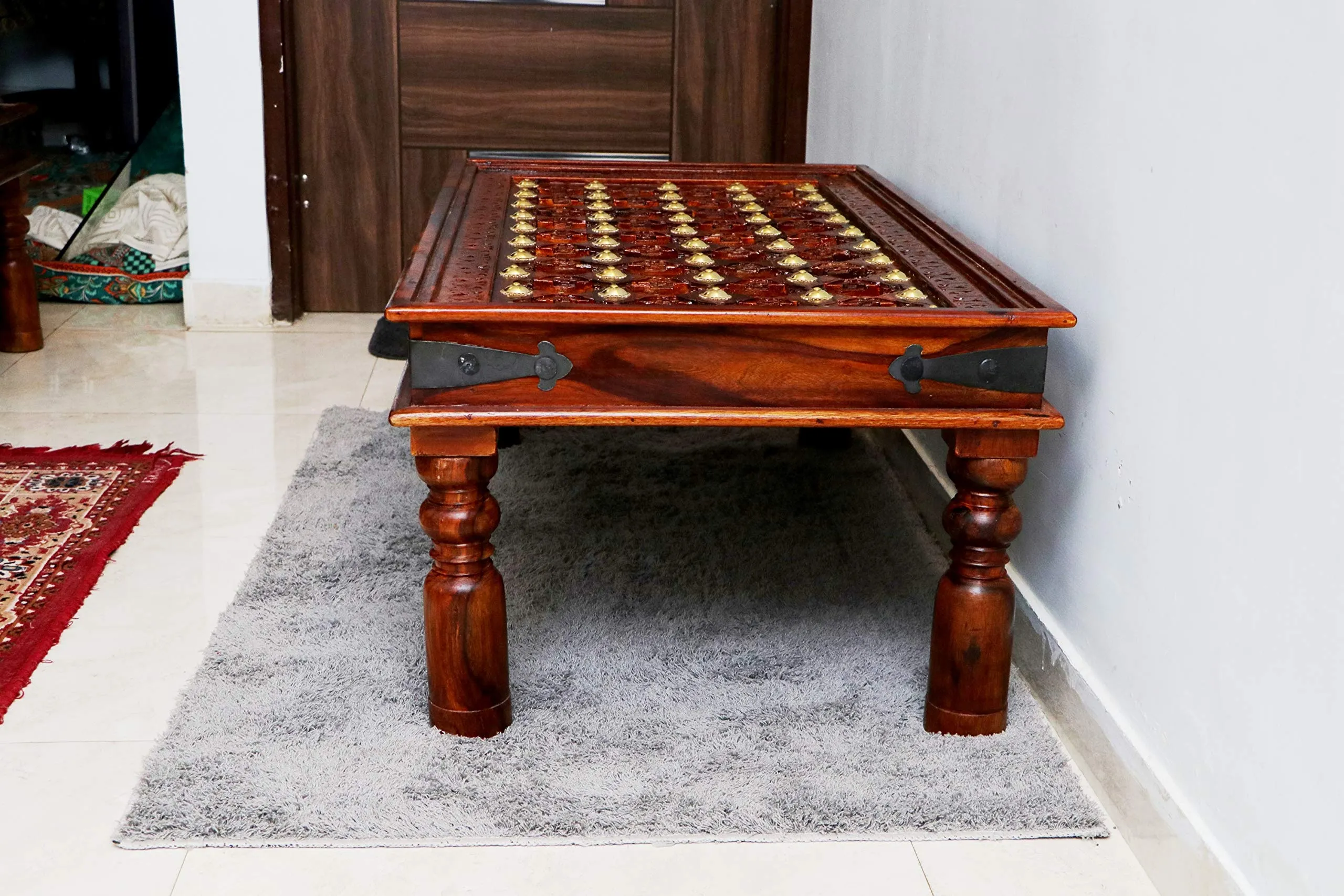 advika handicraft Antique Mor Bakhra Design Sheesham (Rosewood) Solid Wood Table | Coffee Table | Garden and Outdoor Table |Decorative| Living Room|Natural Brown(110X60X45) cm