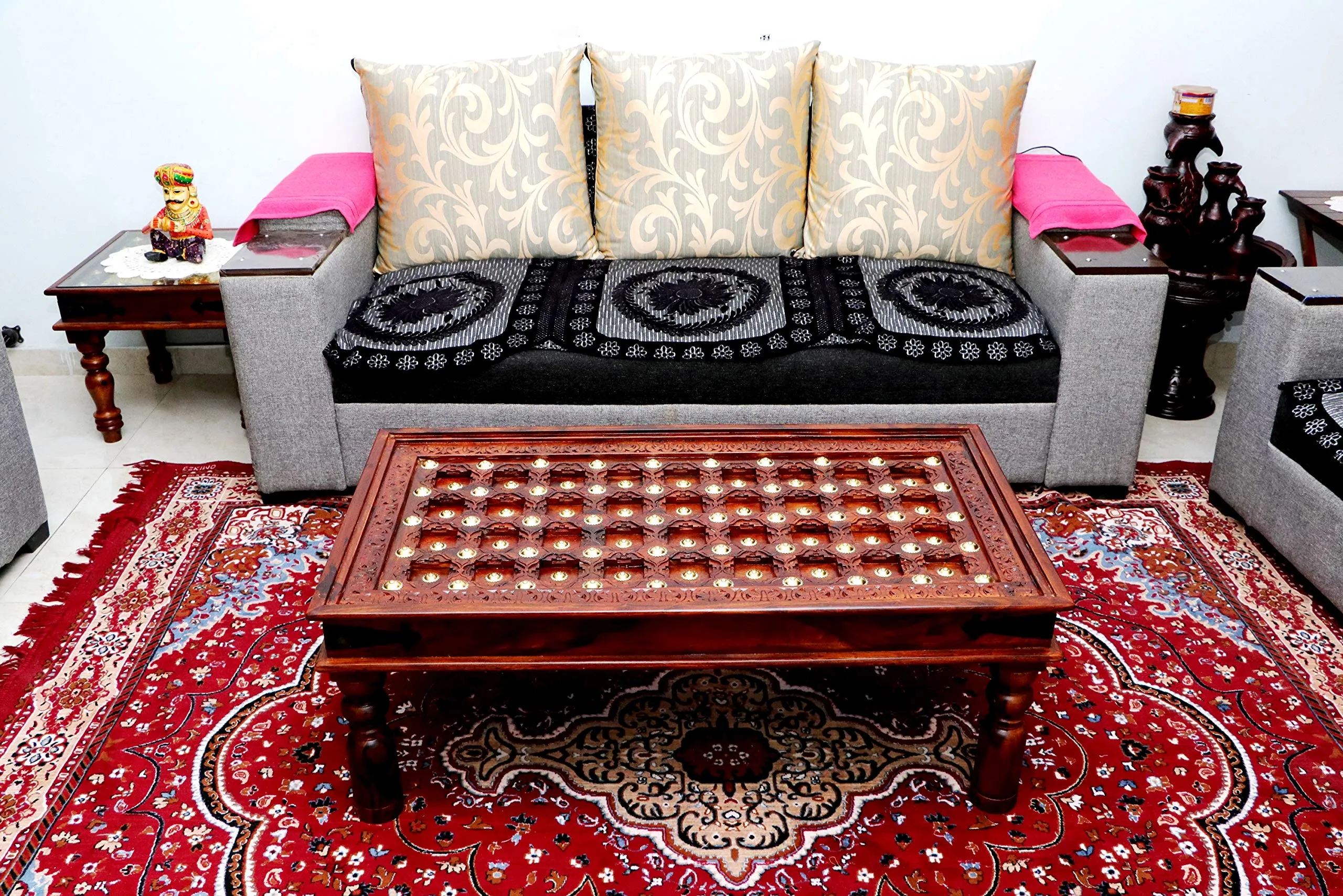 advika handicraft Antique Mor Bakhra Design Sheesham (Rosewood) Solid Wood Table | Coffee Table | Garden and Outdoor Table |Decorative| Living Room|Natural Brown(110X60X45) cm