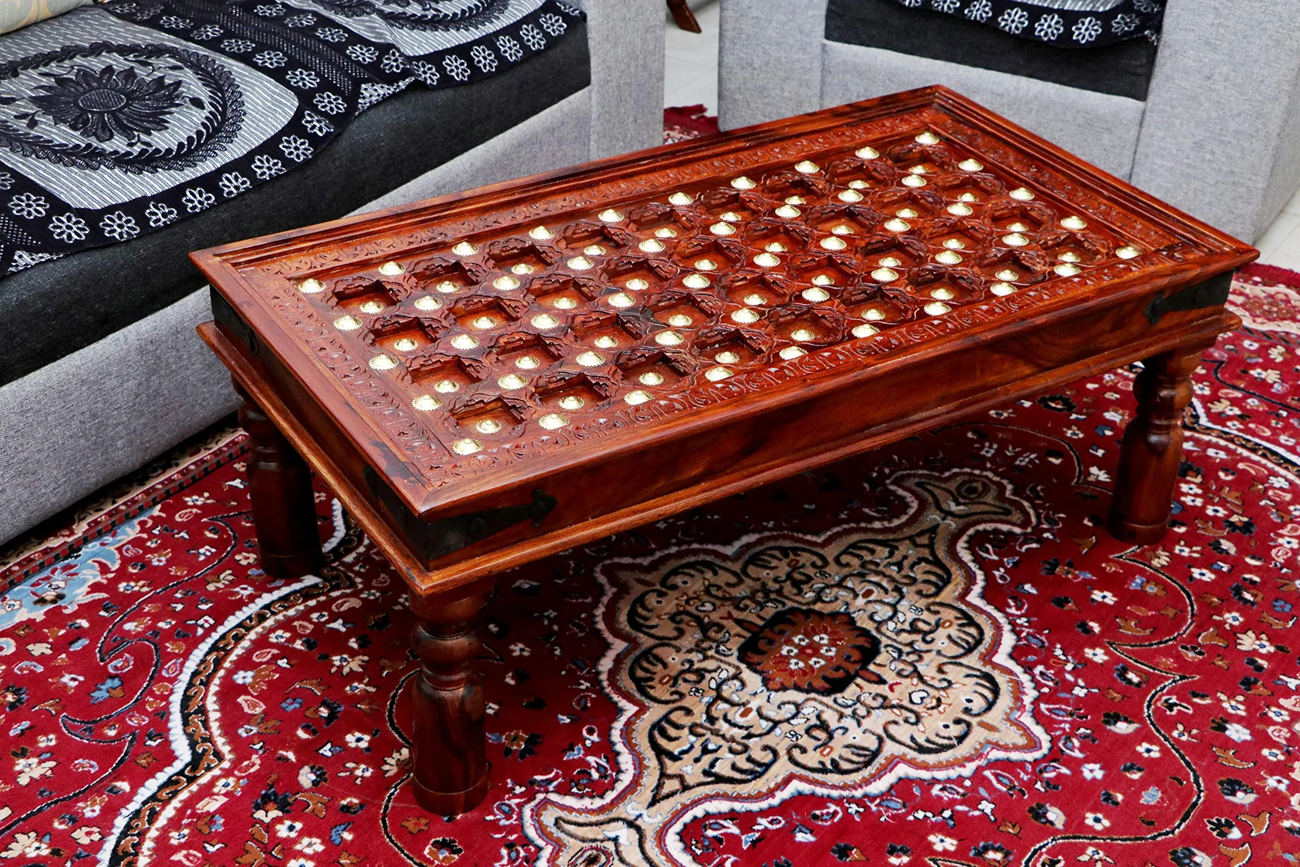 advika handicraft Antique Mor Bakhra Design Sheesham (Rosewood) Solid Wood Table | Coffee Table | Garden and Outdoor Table |Decorative| Living Room|Natural Brown(110X60X45) cm