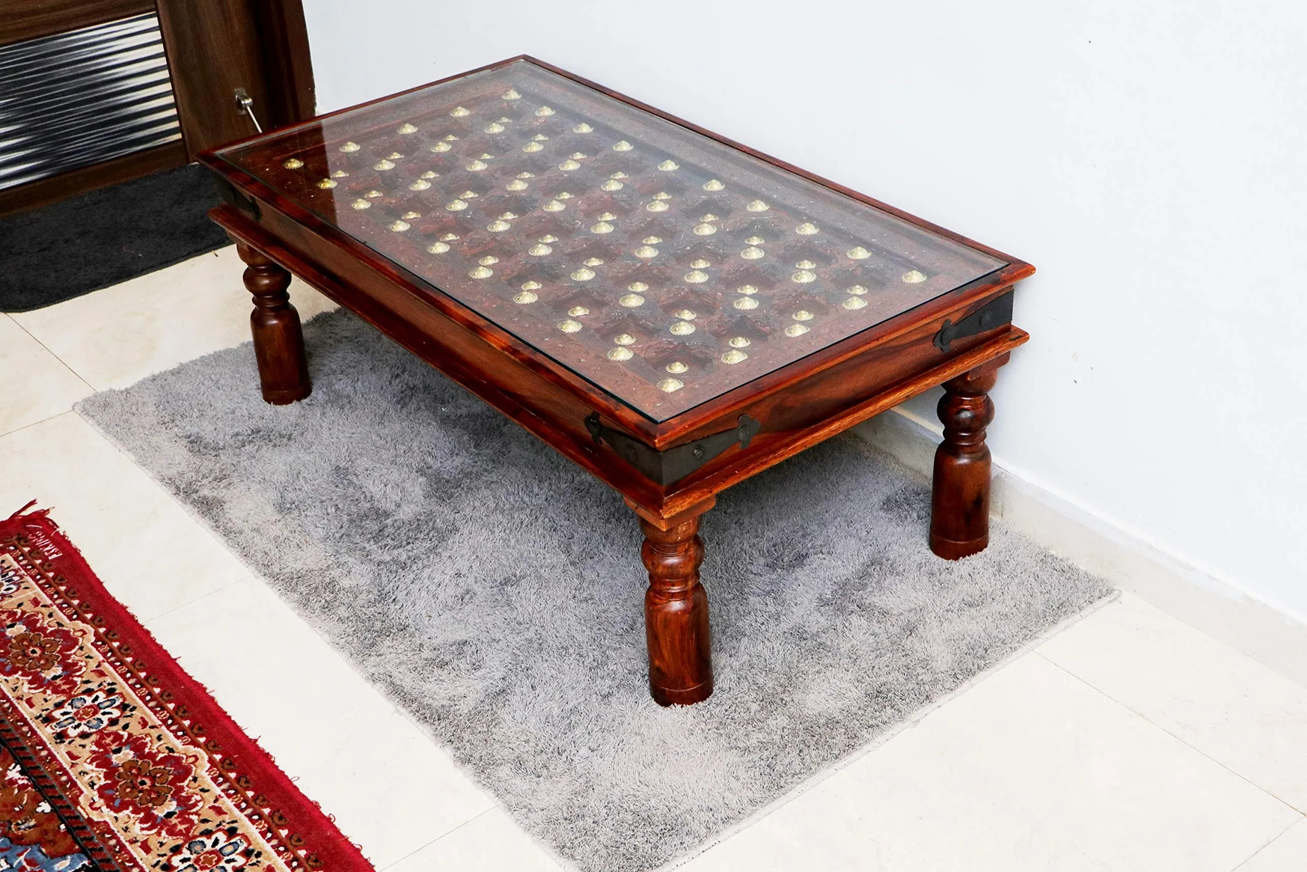 advika handicraft Antique Mor Bakhra Design Sheesham (Rosewood) Solid Wood Table | Coffee Table | Garden and Outdoor Table |Decorative| Living Room|Natural Brown(110X60X45) cm