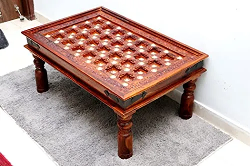 advika handicraft Antique Mor Bakhra Design Sheesham (Rosewood) Solid Wood Table | Coffee Table | Garden and Outdoor Table |Decorative| Living Room|Natural Brown(90X60X45) cm