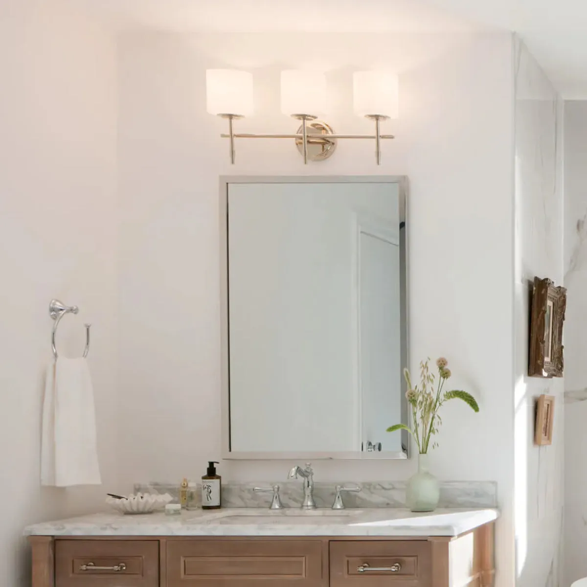 Ali 23 In 3-Lights Bathroom Vanity Light With Satin Etched Cased Opal, Polished Nickel Finish