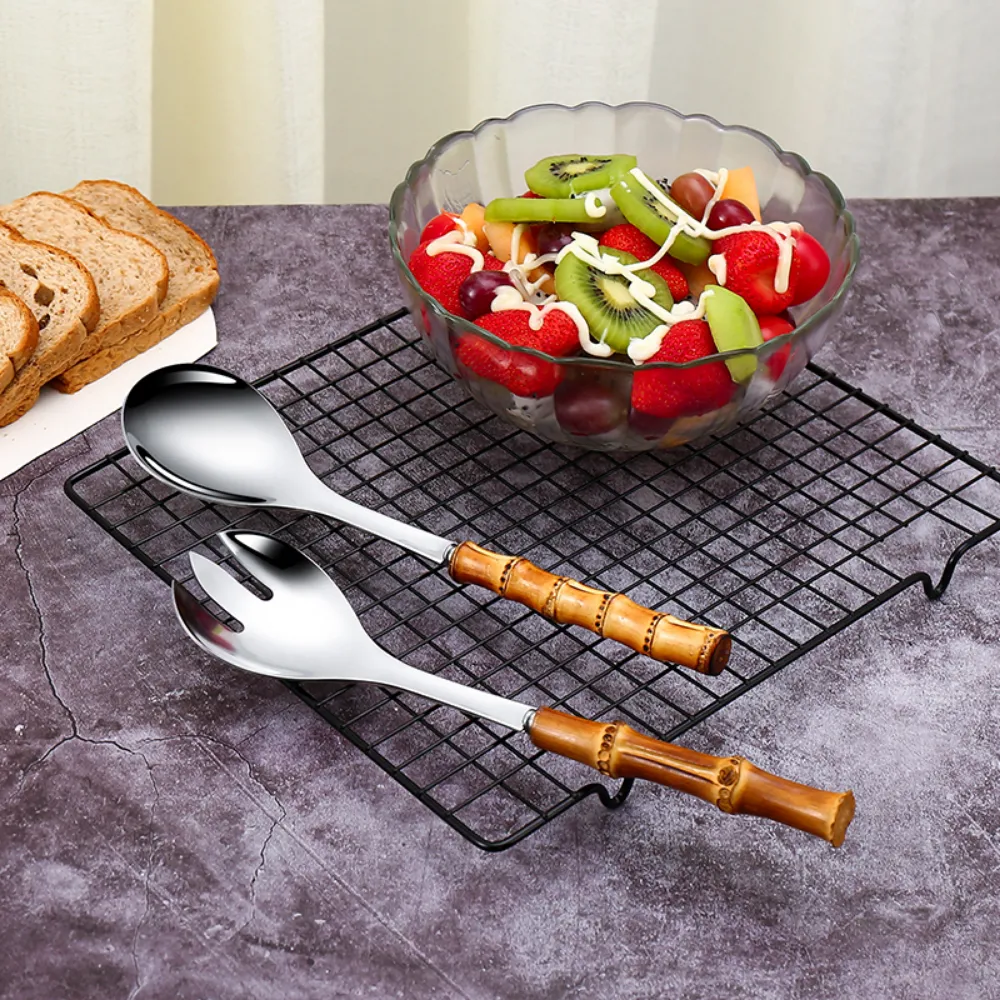 Bamboo Handle Large Salad Serving Spoon Set