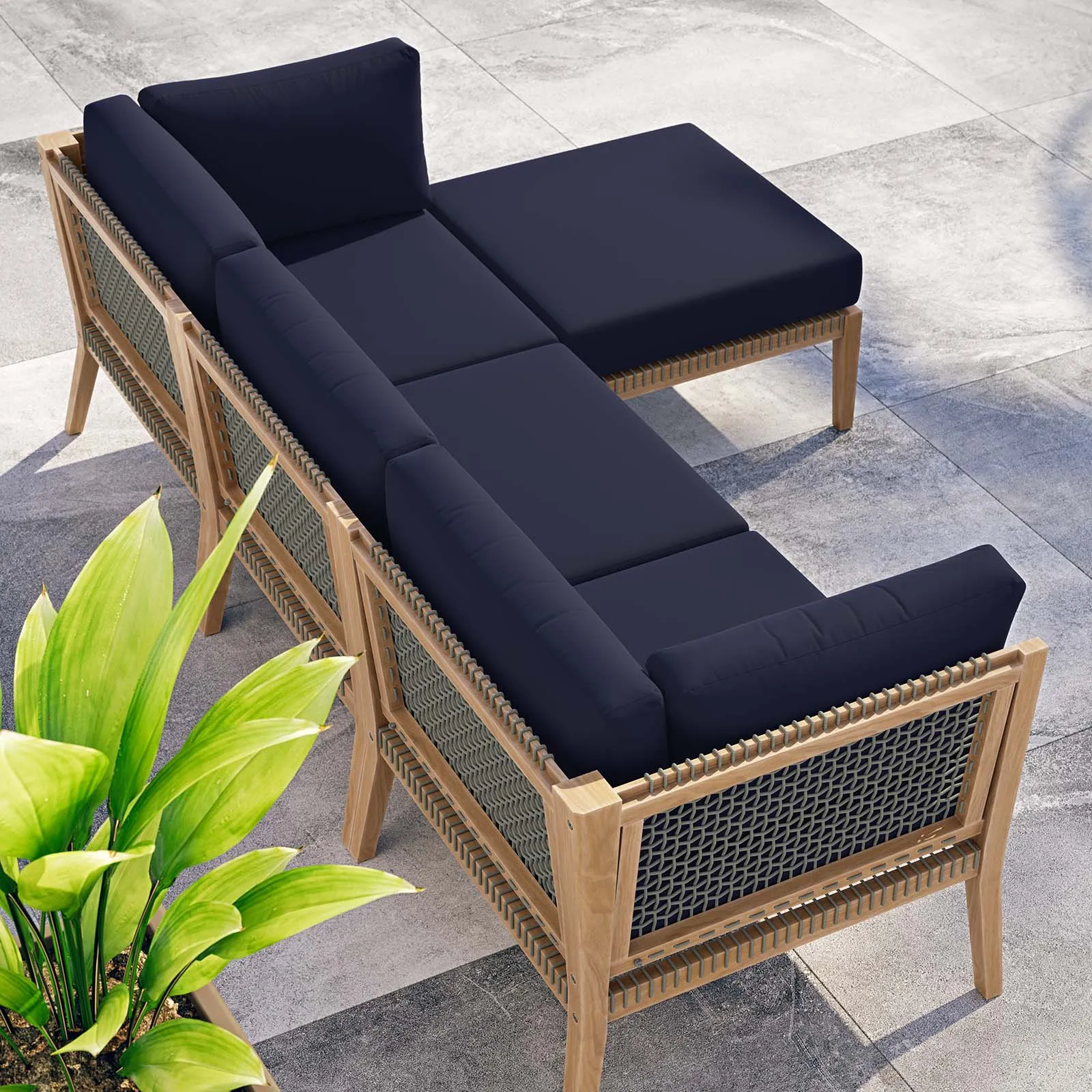 Clearwater Outdoor Patio Teak Wood 4-Piece Sectional Sofa Gray Navy EEI-6121-GRY-NAV