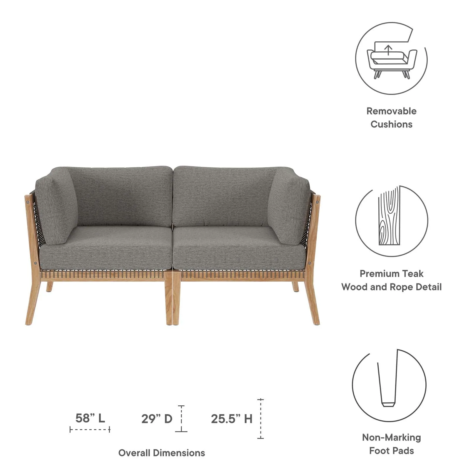 Clearwater Outdoor Patio Teak Wood Loveseat Gray Graphite EEI-6119-GRY-GPH