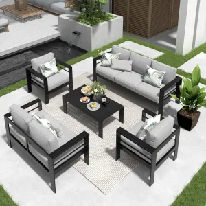 CozyHom 7 Seats Outdoor Patio Aluminum Furniture Sofa Set, Modern Outside Patio Conversation Sectional Sofa Chair Set with Cushions, Light Gray