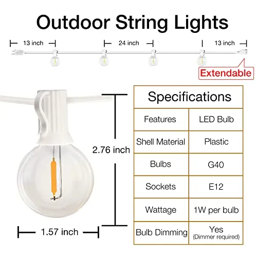 DAYBETTER 25ft LED Outdoor String Lights, White String G40 Globe Porch Lights with Edison Bulbs, Connectable Outside Light for Backyard Patio Bistro Garden