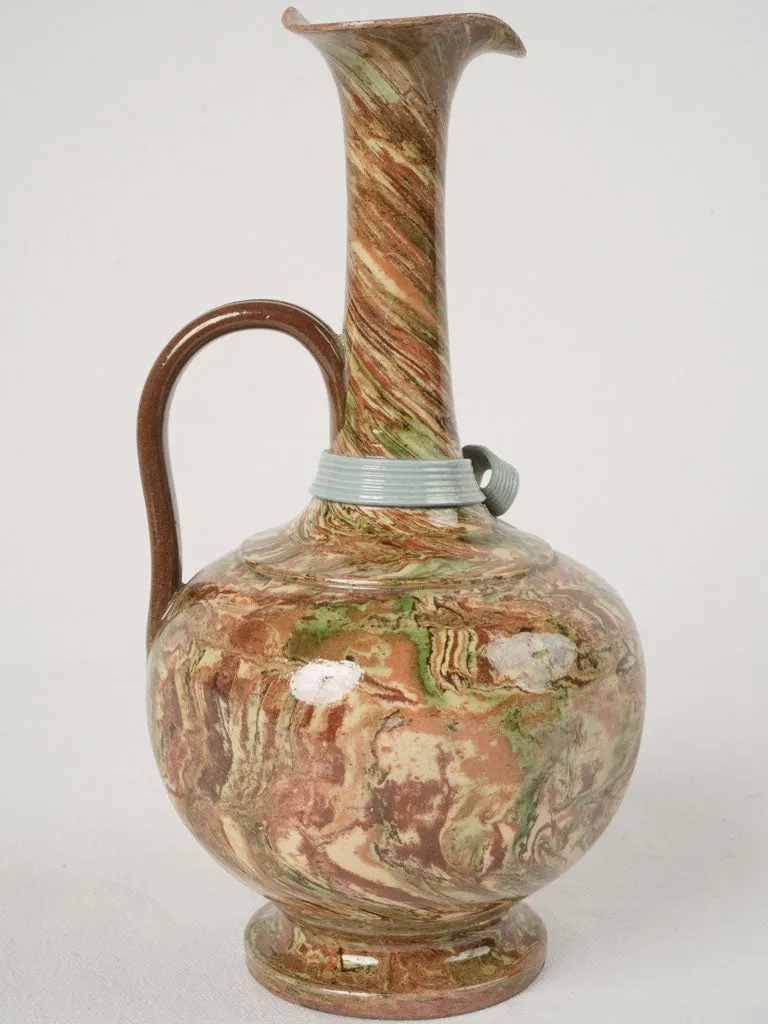 Early 20th French Marbled Glazed Pitcher with Decorative Bow, 11"