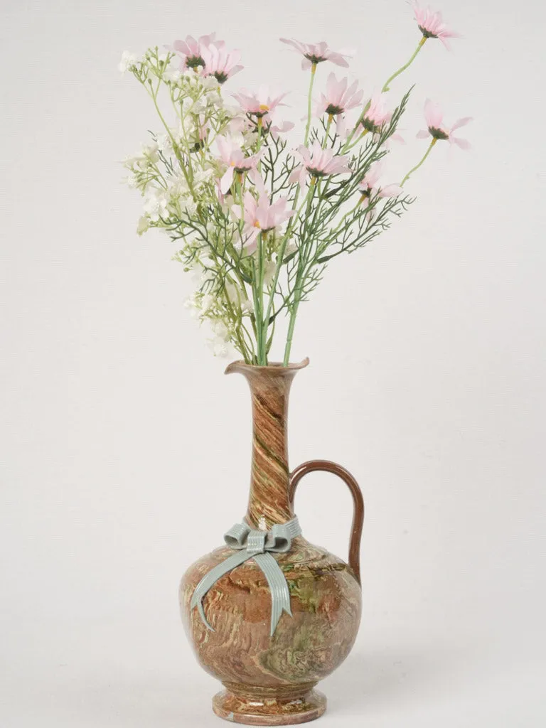 Early 20th French Marbled Glazed Pitcher with Decorative Bow, 11"