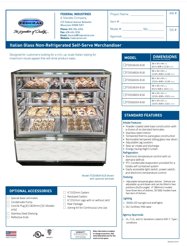 Federal Industries (ITDSS4826-B18)-Non-Refrigerated-(Sliding Doors on Front) 48" Self Service Case w/Straight Glass 120V