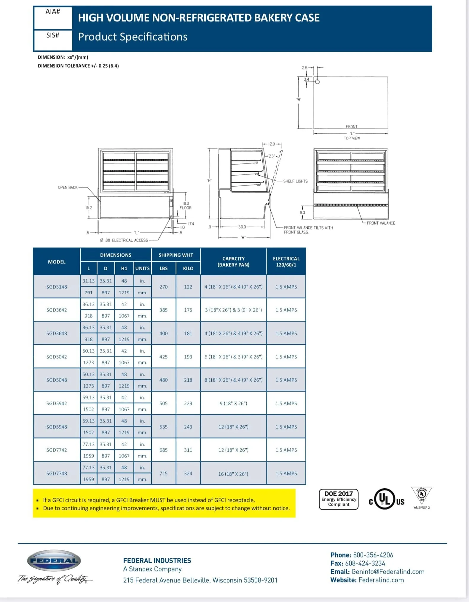 Federal SGD7742 Dry High Volume Series Display Case 77" x 35.31" x 42"