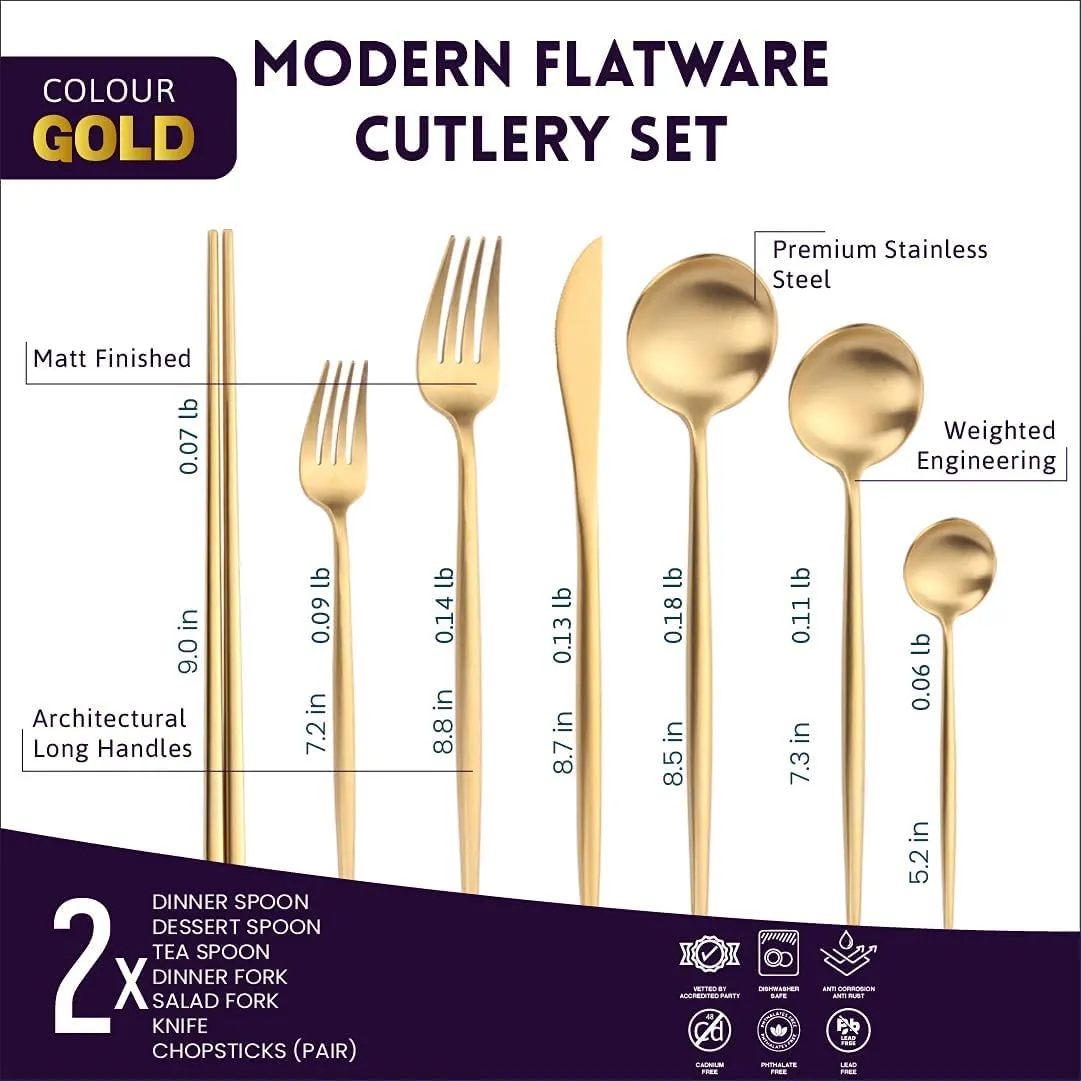 Flatware Set of 14 Dinner Spoon Fork Knife 2 Sets Gold