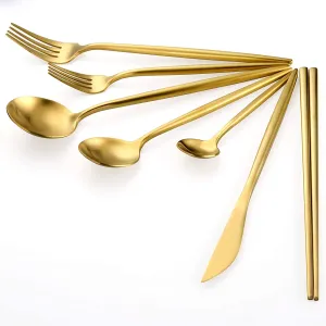 Flatware Set of 14 Dinner Spoon Fork Knife 2 Sets Gold