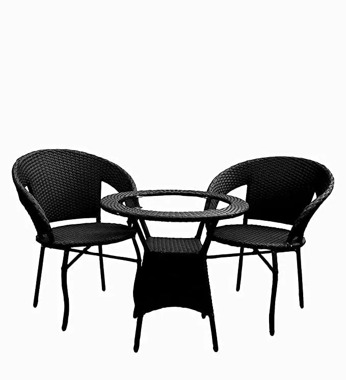 Garden Patio Seating Chair and Table Set Outdoor Balcony Garden Coffee Table Set Furniture with 1 Table and 2 Chairs Set (Black) (2 Seater)