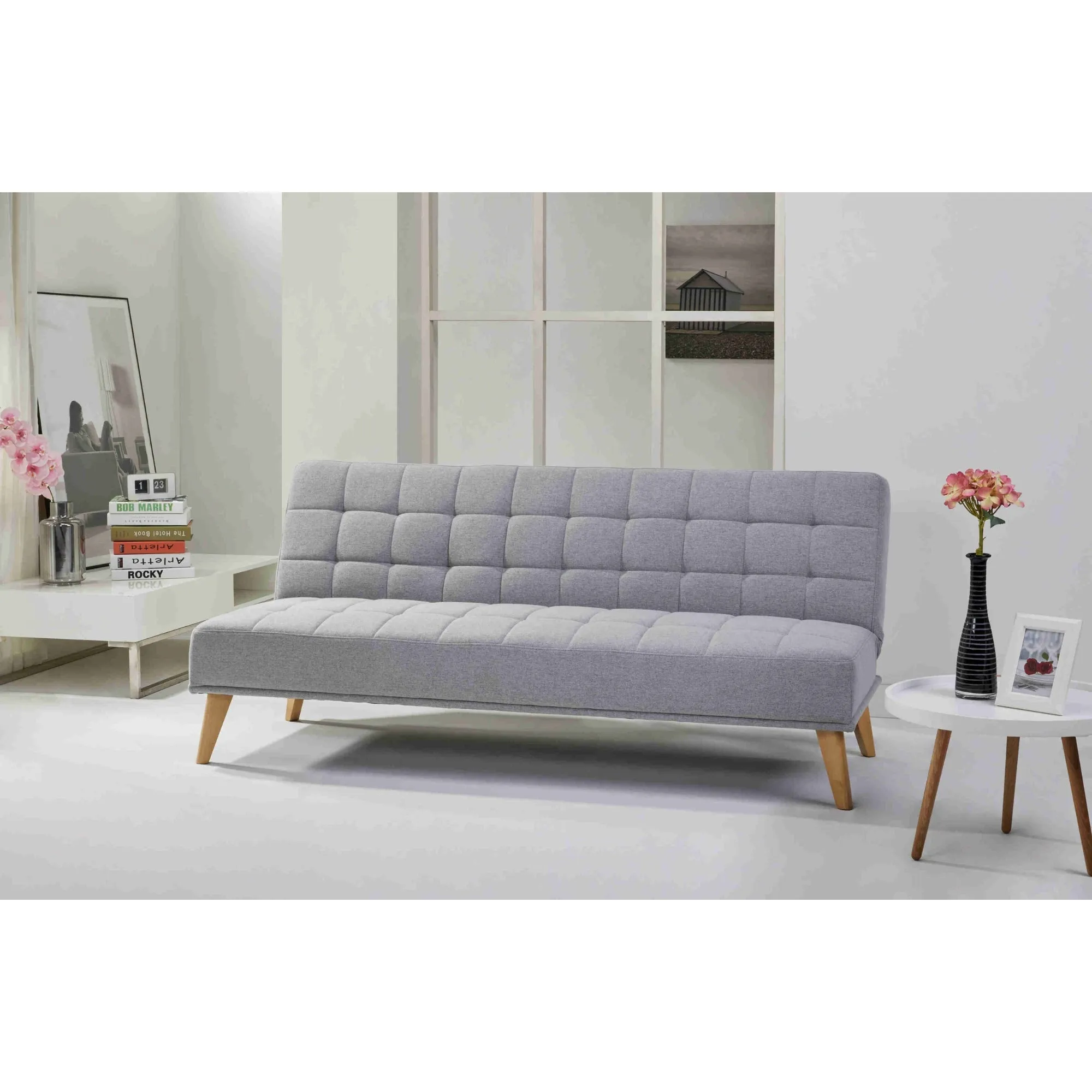 Grey 3 Seater Sofa Bed, Upholstered, Wooden Legs