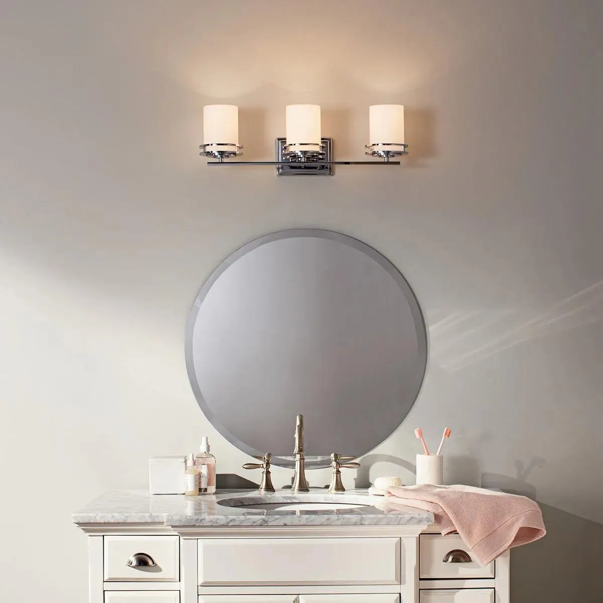 Hendrik 24 In 3-Lights Bathroom Vanity Light With Satin Etched Cased Opal Glass, Brushed Nickel Finish