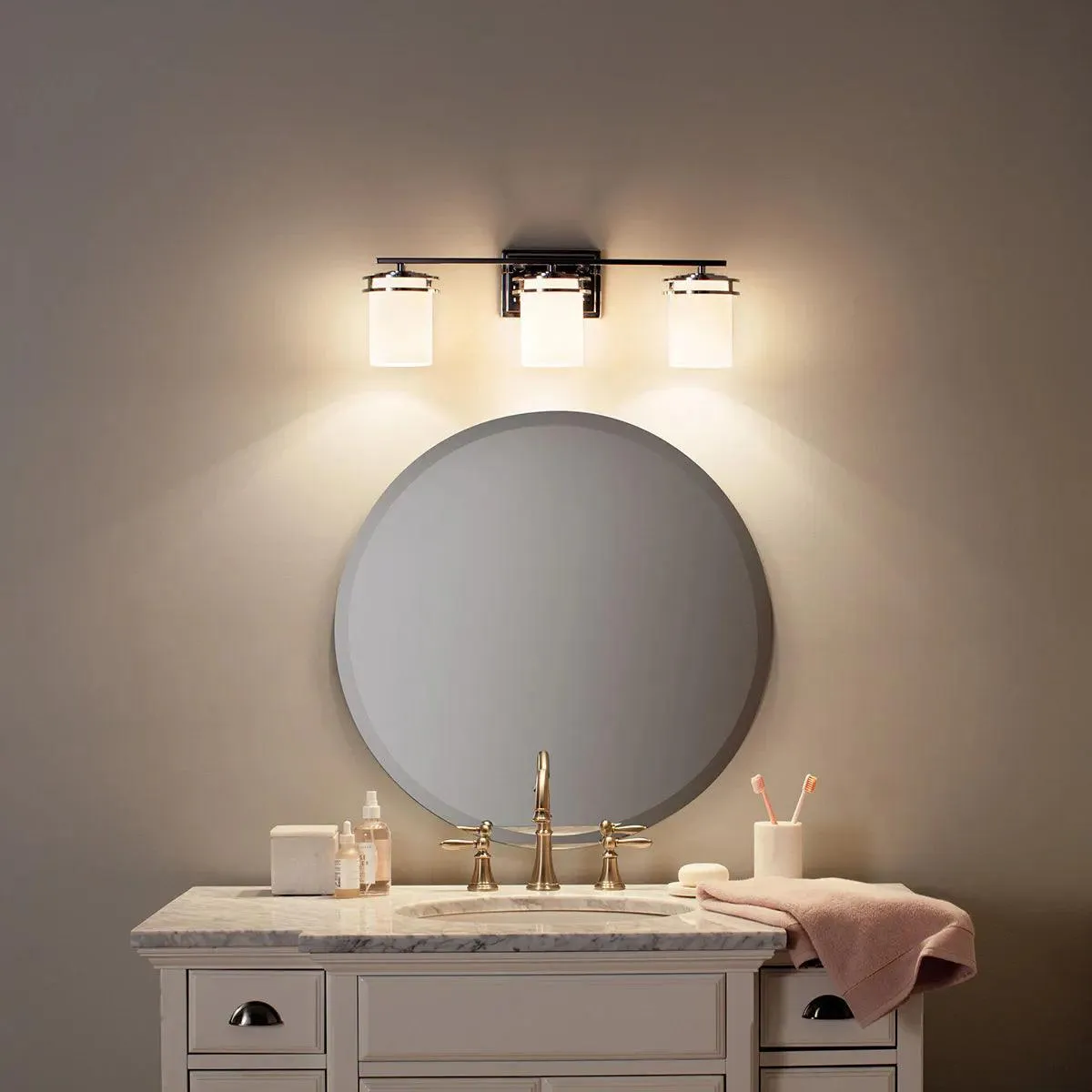 Hendrik 24 In 3-Lights Bathroom Vanity Light With Satin Etched Cased Opal Glass, Brushed Nickel Finish