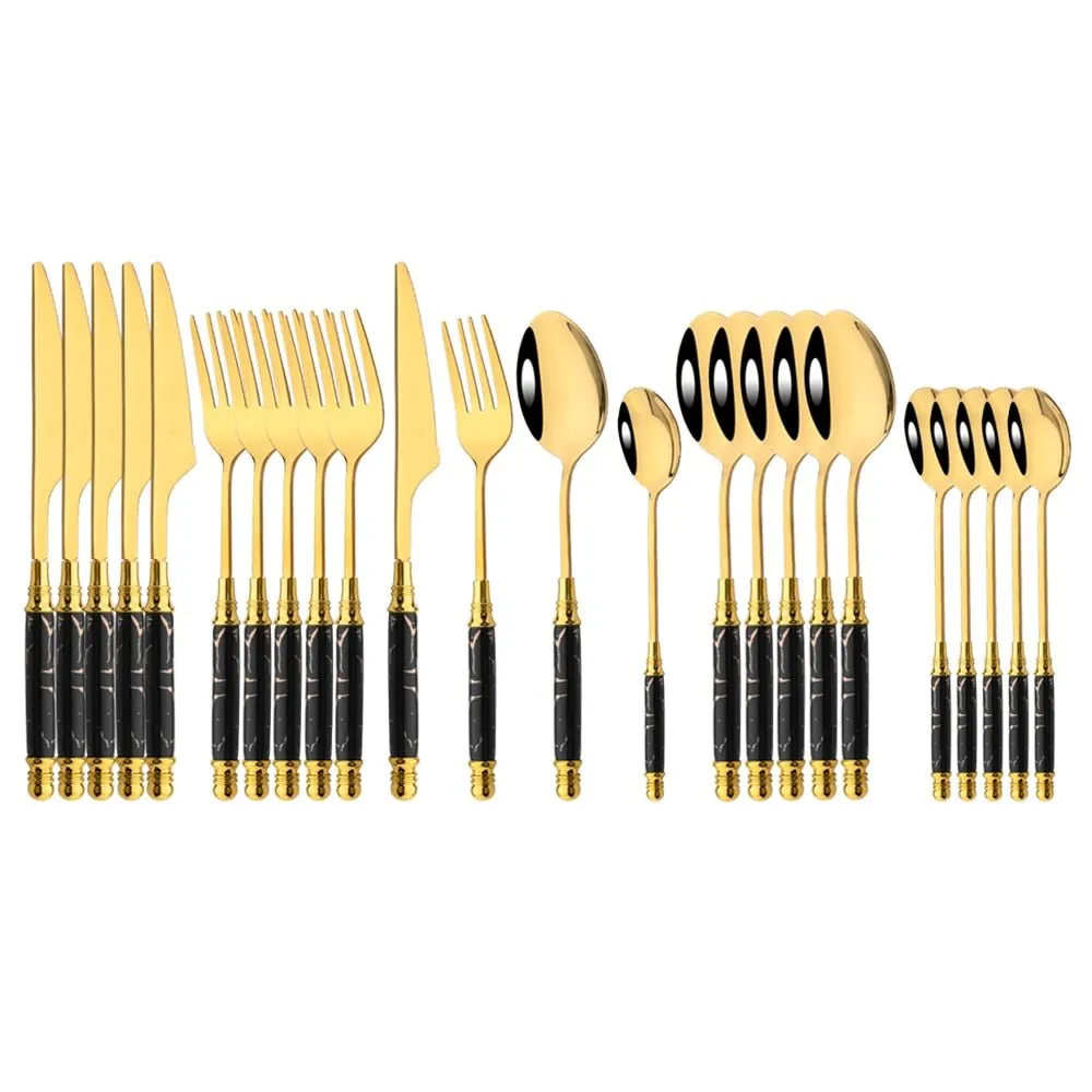 Imitation Ceramic Gold Dinnerware Set with Stainless Steel Flatware