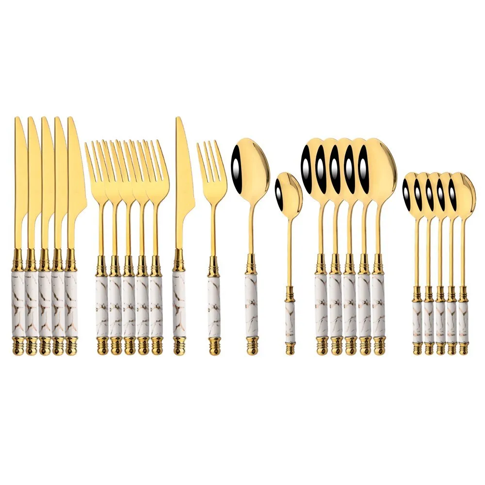 Imitation Ceramic Gold Dinnerware Set with Stainless Steel Flatware