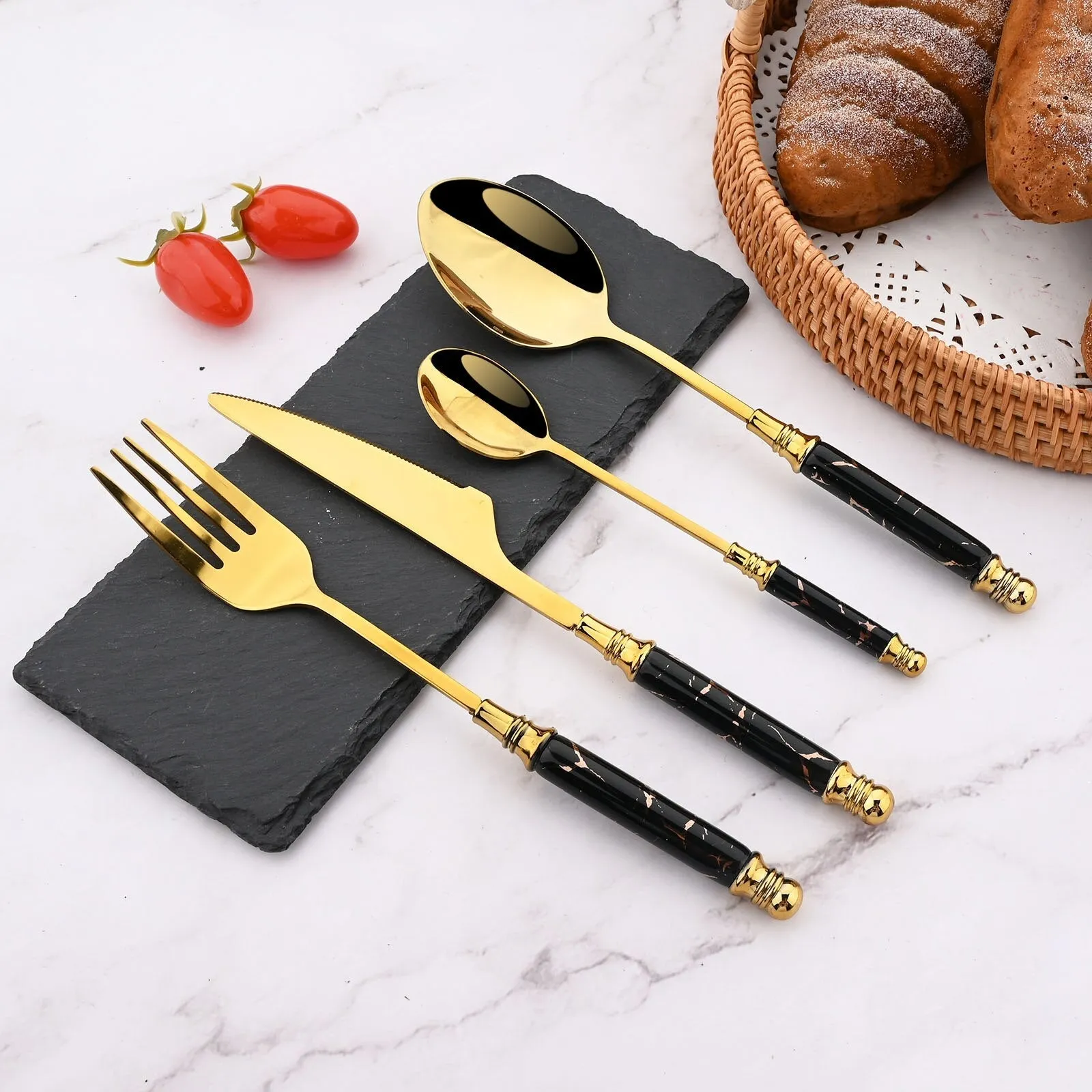 Imitation Ceramic Gold Dinnerware Set with Stainless Steel Flatware