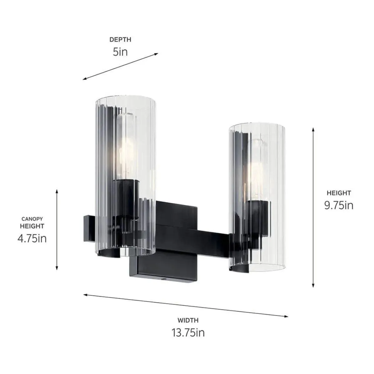 Jemsa 13 In 2-Lights Bathroom Vanity Light With Clear Fluted Glass, Black Finish