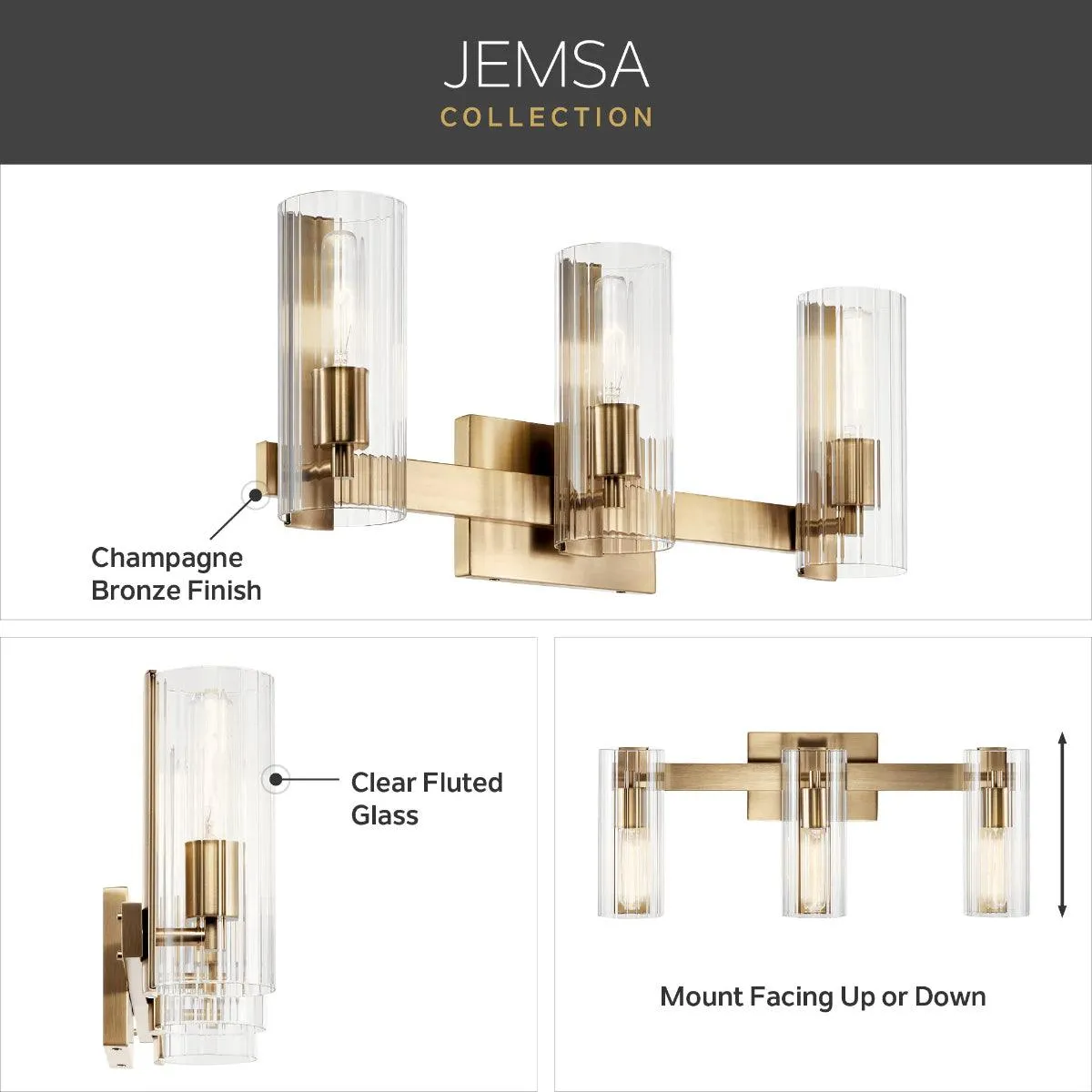 Jemsa 13 In 2-Lights Bathroom Vanity Light With Clear Fluted Glass, Bronze Finish