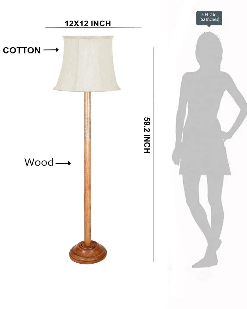 Khadi Cotton Cylindrical Shade Floor Lamp With Natural Wooden Base | 12 x 59 Inches