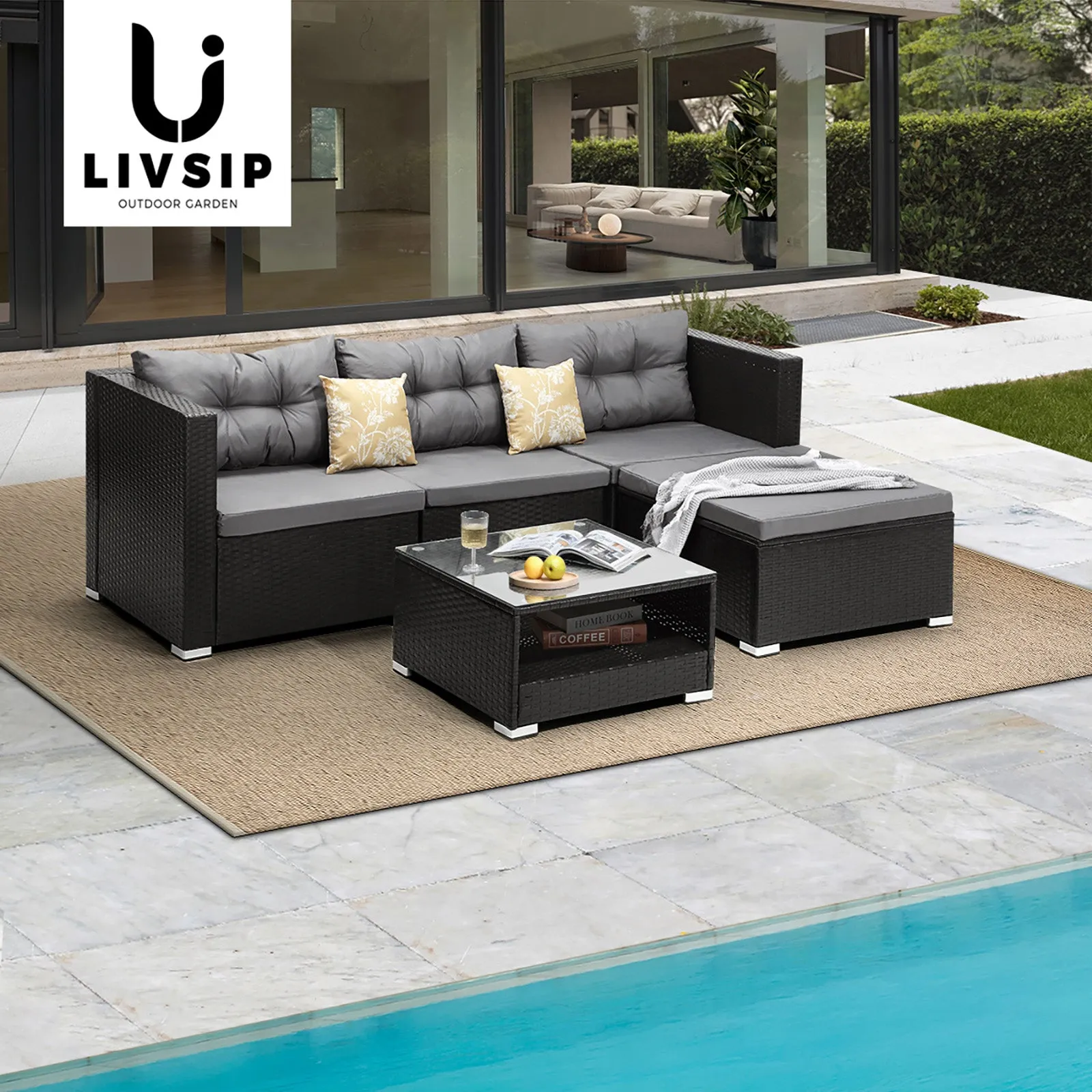 Livsip Outdoor Sofa Set 4 Seater Corner Modular Lounge Setting Patio Furniture