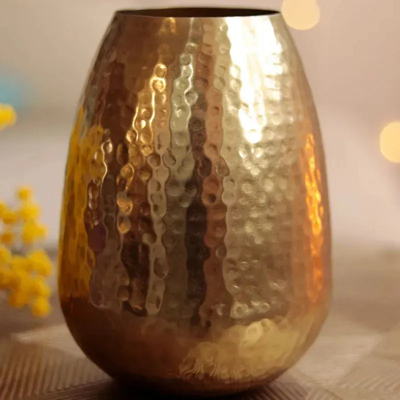 Metallic Golden Vase in Hammered Finish