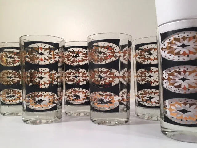 Mid-Century Black and 22-Karat Gold Abstract Glasses (Set of 6)