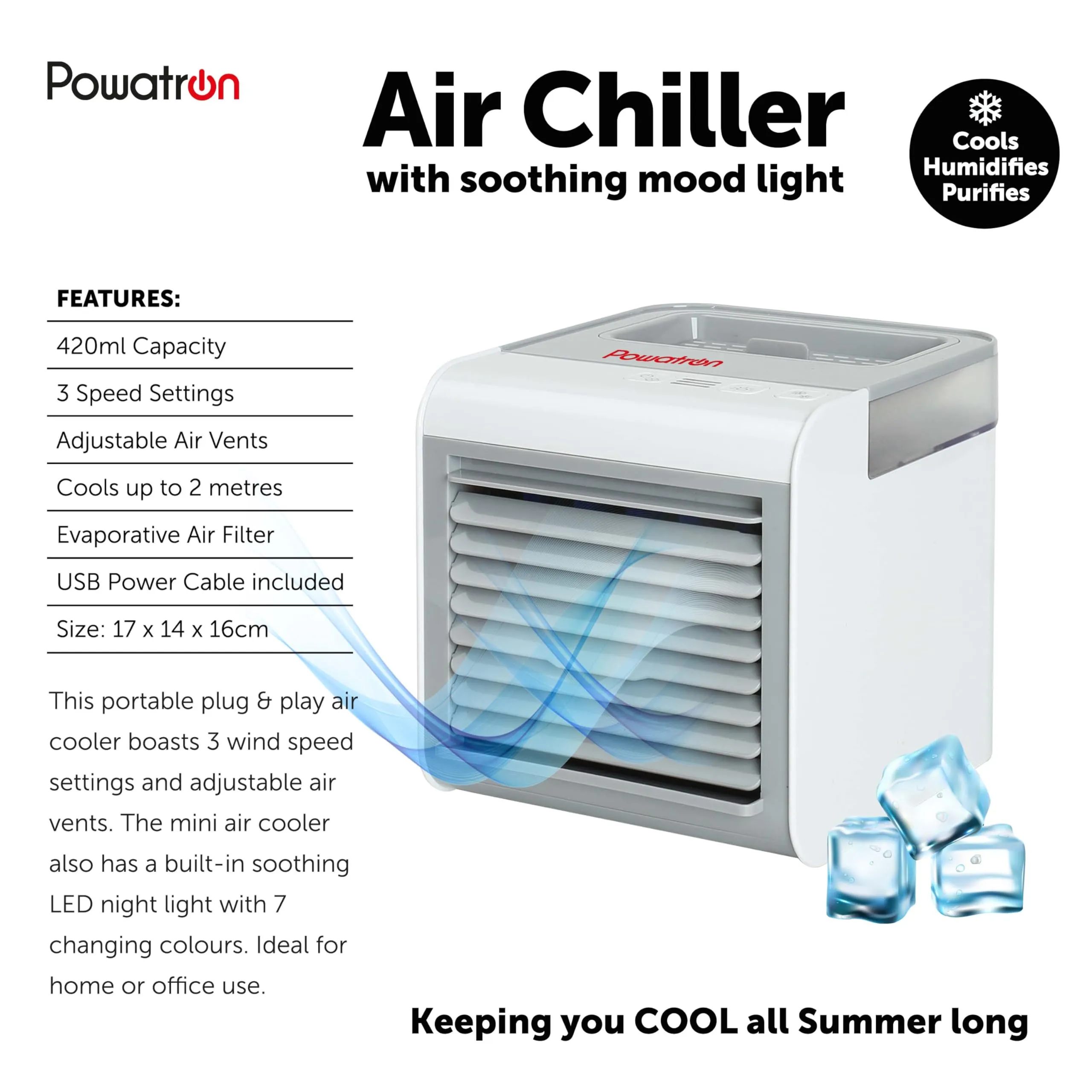 Mini Air Cooler Cools Humidifies 3 Speeds LED Lights 7 Colours White Grey 2077