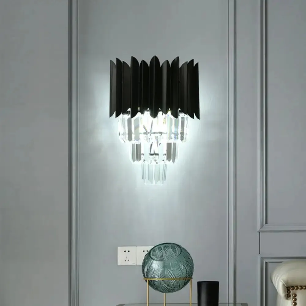 Modern Black Wall Sconce with Tapered Bulbs, Clear Crystal Prisms - Flush Mount