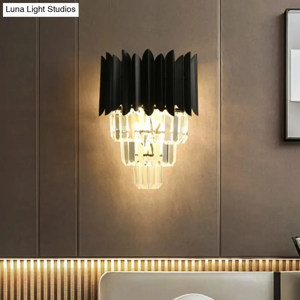 Modern Black Wall Sconce with Tapered Bulbs, Clear Crystal Prisms - Flush Mount