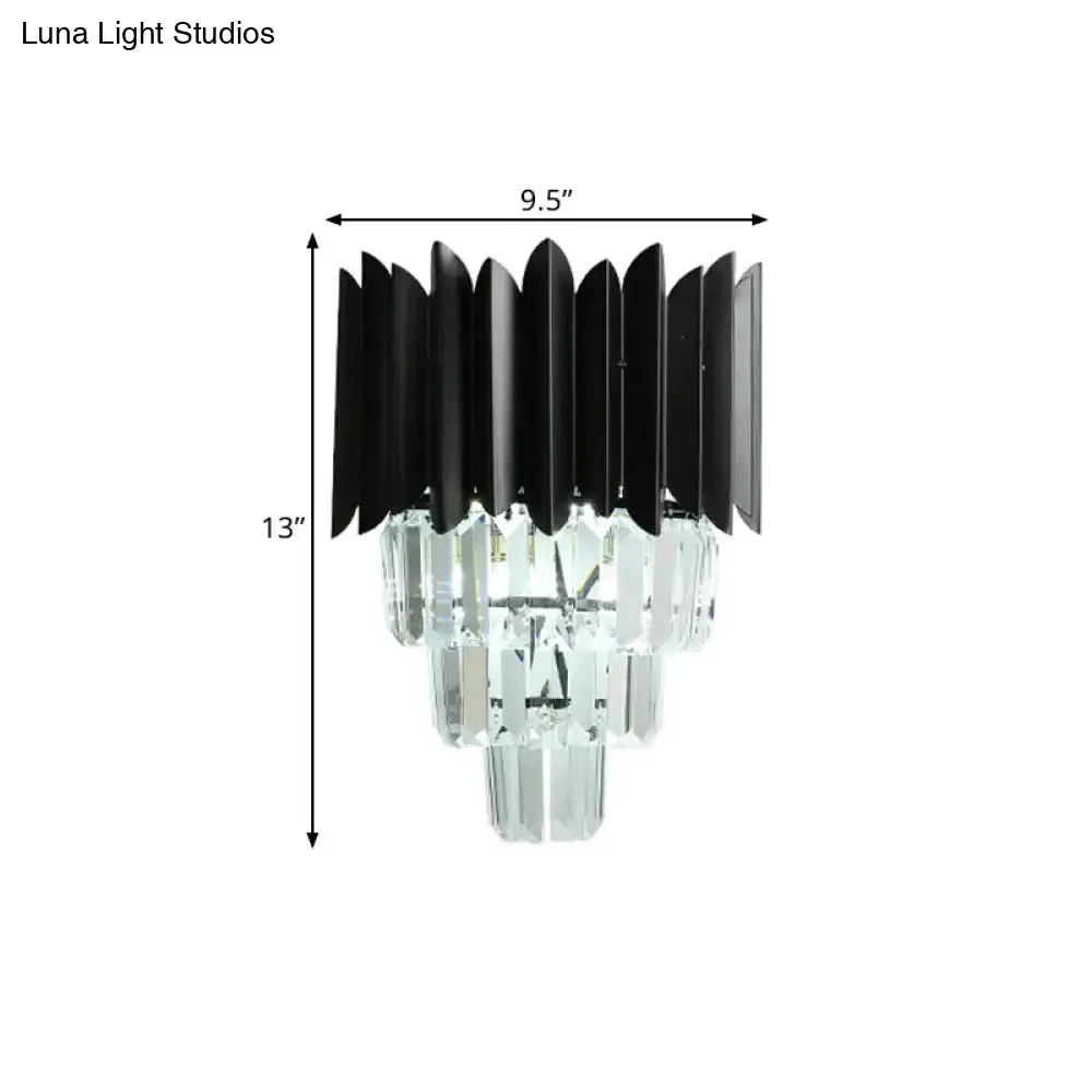 Modern Black Wall Sconce with Tapered Bulbs, Clear Crystal Prisms - Flush Mount