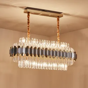 Modern Silver and Gold Island Lighting: Crystal Prisms Pendant - 10 Bulbs - Oval Shape - Ideal for Dining Table