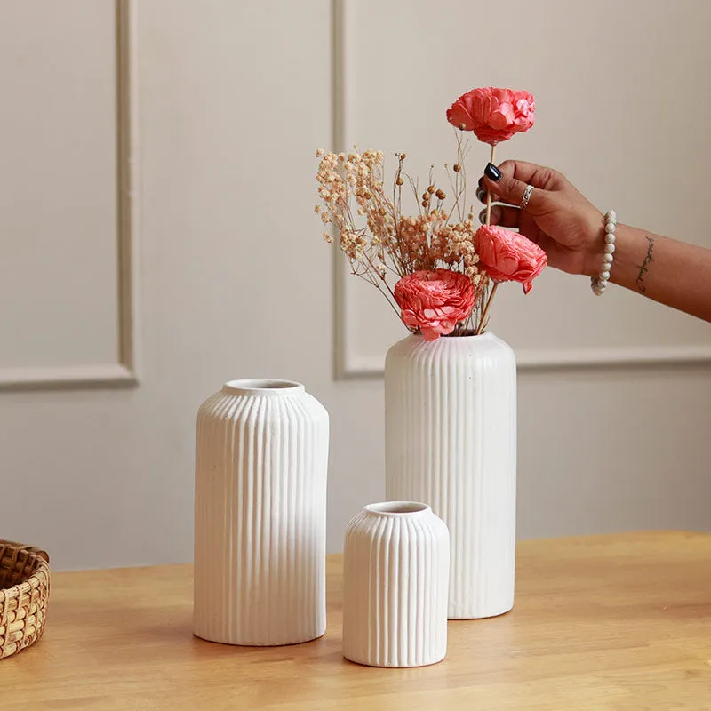 Modern White Ribbed Vases | Set Of 3 Vases