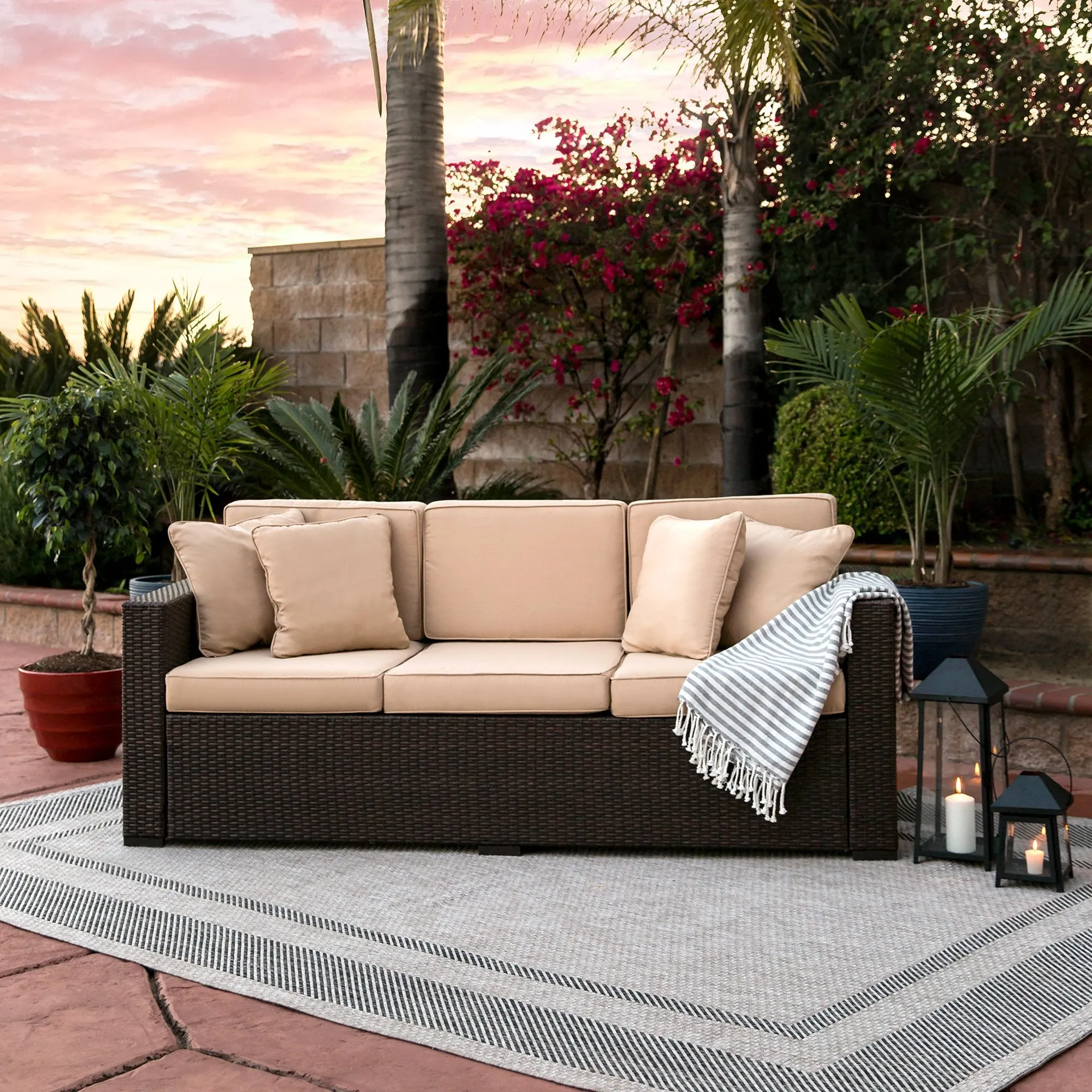 Outdoor 3-Seat All-Weather Wicker Lounge Sofa w/ Removable Cushions