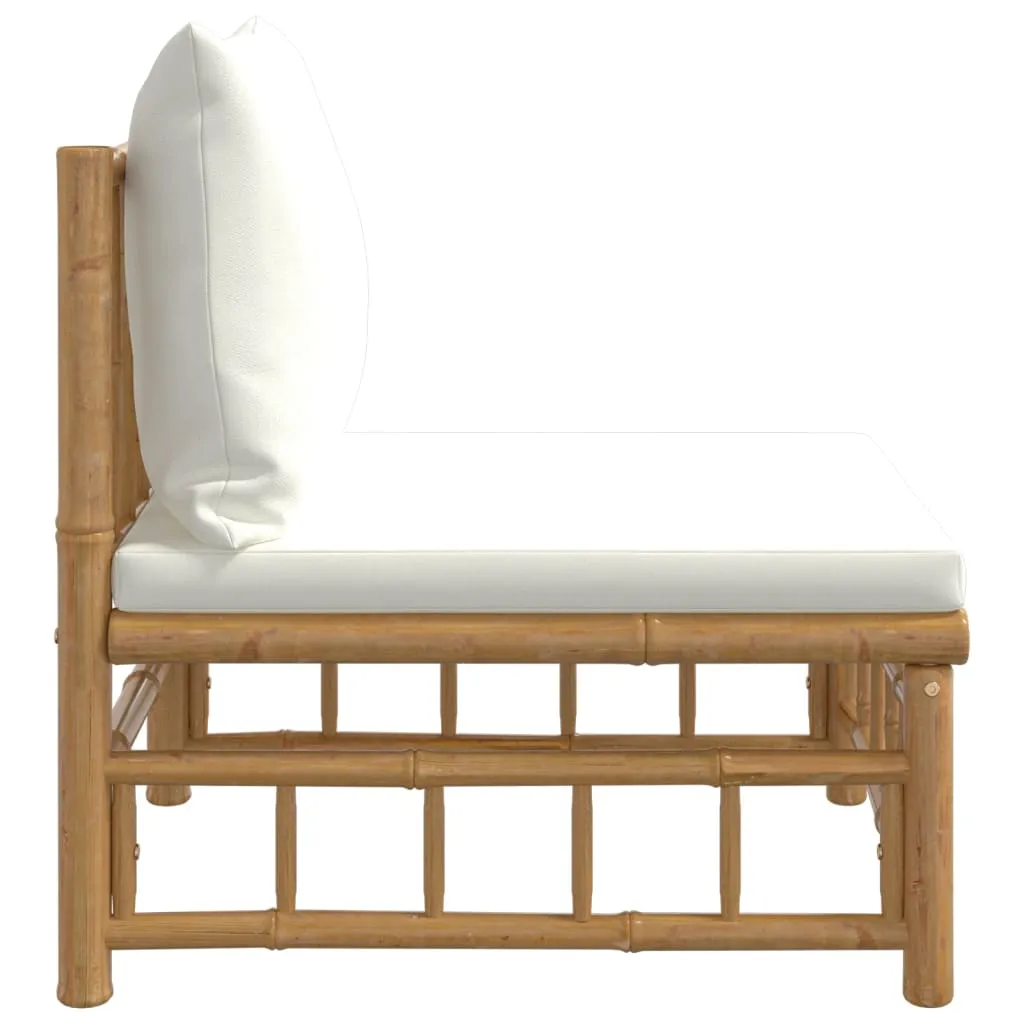 Patio Middle Sofa with Cream White Cushions Bamboo