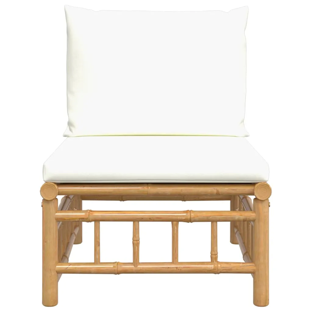 Patio Middle Sofa with Cream White Cushions Bamboo