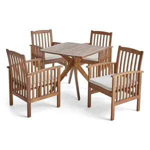 Phoenix Outdoor Acacia 4-Seater Dining Set with Cushions and 36" Square Table with X-Legs