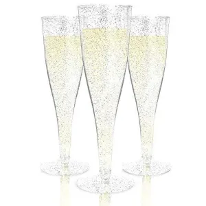 Plastic Champagne Flutes Disposable - 100 Pack | Silver Glitter Plastic Champagne Glasses for Parties | Glitter Clear Plastic Cups | Plastic Toasting Glasses | Mimosa Glasses | Wedding Party Bulk Pack