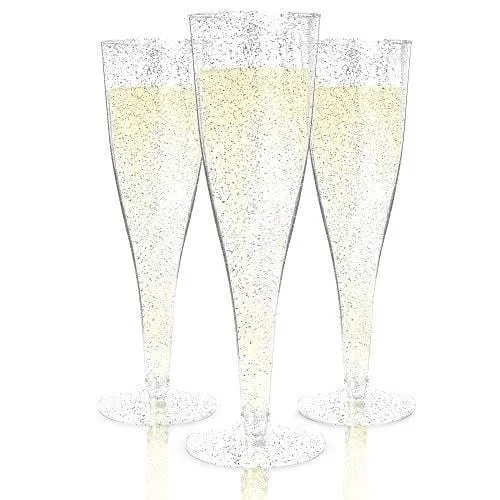 Plastic Champagne Flutes Disposable - 100 Pack | Silver Glitter Plastic Champagne Glasses for Parties | Glitter Clear Plastic Cups | Plastic Toasting Glasses | Mimosa Glasses | Wedding Party Bulk Pack