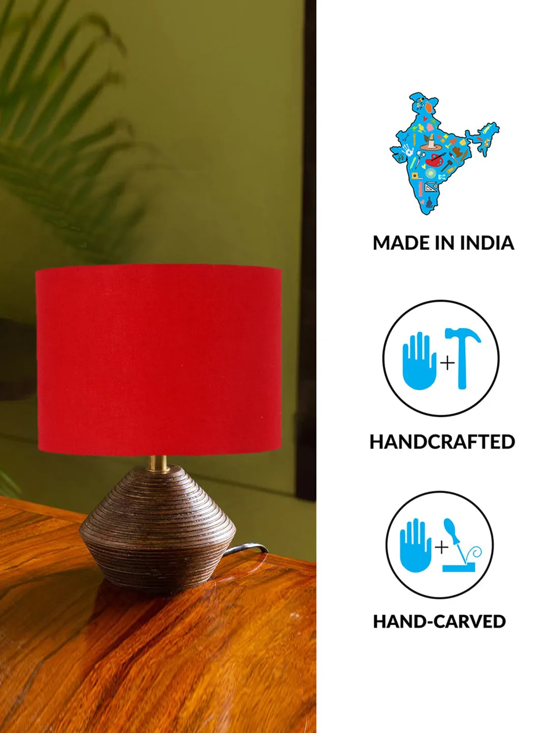 Red Cotton Table Lamp With Wood Natural Base | 7X12 Inches